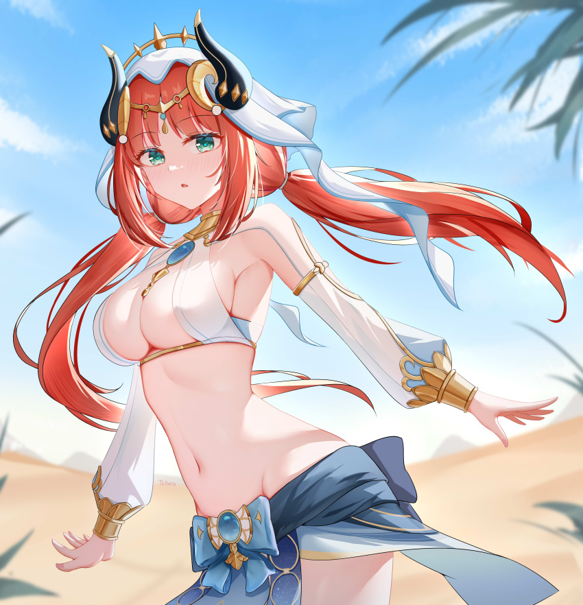 1girl absurdres blue_bow blue_gemstone blue_skirt blue_sky bow bracer breasts brooch circlet commentary_request crop_top day detached_sleeves doraski fake_horns floating_hair gem genshin_impact harem_outfit highres horns jewelry long_hair long_sleeves looking_at_viewer low_twintails medium_breasts navel neck_ring nilou_(genshin_impact) outdoors puffy_long_sleeves puffy_sleeves red_hair sand shirt shrug_(clothing) skirt sky solo stomach twintails veil white_headwear white_shirt white_sleeves