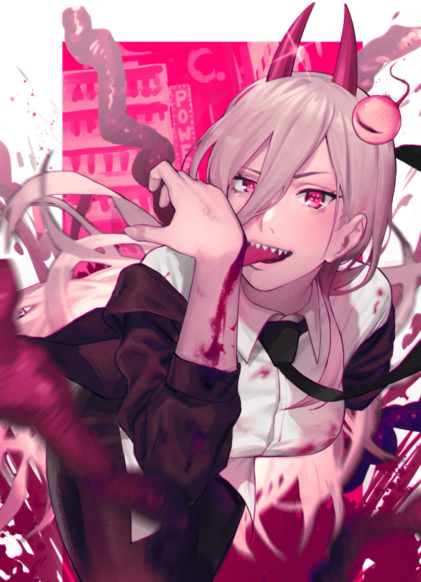 1girl black_jacket black_necktie black_pants blonde_hair blood blood_on_arm blood_on_clothes blood_splatter blurry blurry_foreground breasts chainsaw_man collared_shirt cross-shaped_pupils eyeball formal glint hair_between_eyes highres horns intestines jackboo jacket leaning_forward long_hair looking_at_viewer medium_breasts messy_hair necktie pants power_(chainsaw_man) red_eyes red_horns sharp_teeth shirt slit_pupils smile solo suit symbol-shaped_pupils teeth tongue tongue_out white_shirt