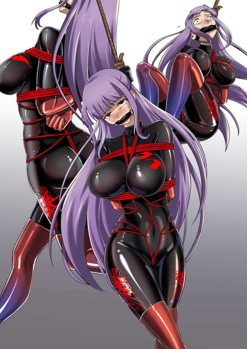 1girl absurdres arms_behind_back asagami_fujino ass bangs bdsm bodysuit bondage bondage_outfit boots bound breasts corpse crying dozm_(txnmb) execution eyebrows_hidden_by_hair fate/grand_order fate_(series) gag gagged gloves guro hanged highres kara_no_kyoukai latex latex_bodysuit long_hair purple_hair red_eyes ryona shibari solo tears thigh_boots