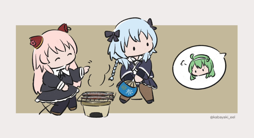 3girls =3 ^_^ ahoge assault_lily bangs black_bow black_footwear black_ribbon black_thighhighs blue_hair bow bow_hairband braid brown_background brown_footwear brown_pantyhose chair chibi closed_eyes cooking cropped_jacket endou_araya fish_(food) folding_chair food frilled_skirt frills green_hair grey_background grill grilled_fish grilling hair_bow hair_ribbon hairband hand_fan hands_up highres holding holding_fan juliet_sleeves kabayaki_(kabayaki_eel) layered_sleeves long_hair long_sleeves looking_at_another looking_to_the_side miniskirt mori_tatsuki motion_lines multiple_girls neck_ribbon no_mouth on_chair pantyhose paper_fan pink_hair pleated_skirt puffy_sleeves ribbon school_uniform shichirin shirt shoes short_sleeves sitting skirt smoke speech_bubble spoken_character standing tanaka_ichi thighhighs twitter_username two-tone_background v-shaped_eyebrows white_hairband white_shirt wide_sleeves yurigaoka_girls_academy_school_uniform