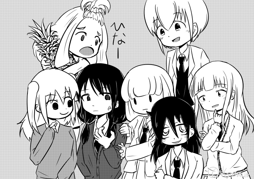 6+girls absurdres anger_vein bags_under_eyes bangs blazer blunt_bangs blush bob_cut cardigan check_commentary clenched_hand collared_shirt commentary_request empty_eyes food fruit grey_background greyscale hair_between_eyes hand_up highres holding holding_food holding_fruit jacket katou_asuka kuroki_tomoko kyomum long_hair long_sleeves looking_at_another low_twintails monochrome multiple_girls necktie nemoto_hina okada_akane open_clothes open_jacket open_mouth pineapple school_uniform shirt short_hair sidelocks simple_background smile solid_oval_eyes tamura_yuri tanaka_mako topknot twintails two_side_up uchi_emiri watashi_ga_motenai_no_wa_dou_kangaetemo_omaera_ga_warui!