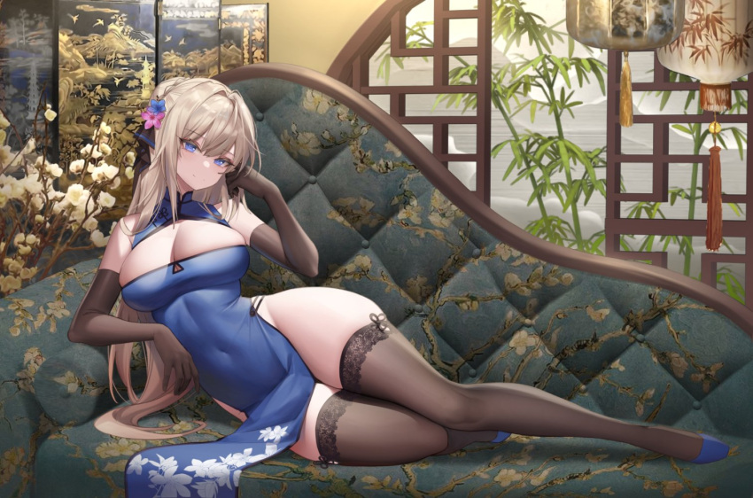 1girl arm_support bare_shoulders black_gloves blonde_hair blue_dress blue_eyes blue_footwear breasts brown_thighhighs chaise_longue china_dress chinese_clothes cleavage cleavage_cutout closed_mouth clothing_cutout commission covered_navel dress elbow_gloves flats flower gloves hair_flower hair_ornament hand_up impossible_clothes impossible_dress large_breasts long_hair looking_at_viewer no_panties original pelvic_curtain sitting skindentation sleeveless sleeveless_dress smile solo thighhighs thighs very_long_hair whois yokozuwari