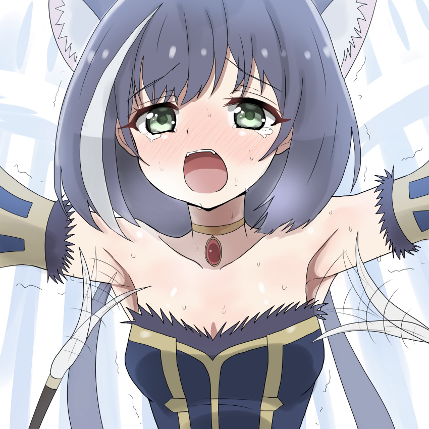 1girl animal_ears bangs black_hair blush breasts choker collarbone detached_sleeves eyelashes green_eyes help highres karyl_(princess_connect!) multicolored_hair open_mouth outstretched_arms princess_connect! short_hair small_breasts streaked_hair sweat tearing_up tekisui tickle_torture tickling trembling upper_body