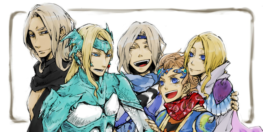 4boys age_difference armor blonde_hair brothers cain_highwind cecil_harvey ceodore_harvey eyes_closed family father_and_son female final_fantasy final_fantasy_iv final_fantasy_iv_the_after golbeza headband headdress husband_and_wife kenyagi long_hair male male_focus mother_and_son multiple_boys open_mouth robe rosa_farrell scarf short_hair shoulder_pads siblings silver_hair uncle_and_nephew