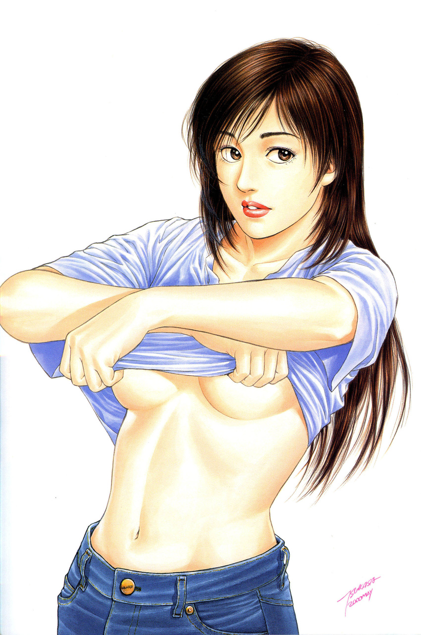 absurdres breasts brown_eyes brown_hair denim family_compo highres houjou_tsukasa long_hair looking_at_viewer midriff navel no_bra shirt_lift simple_background underboob undressing wakanae_shion