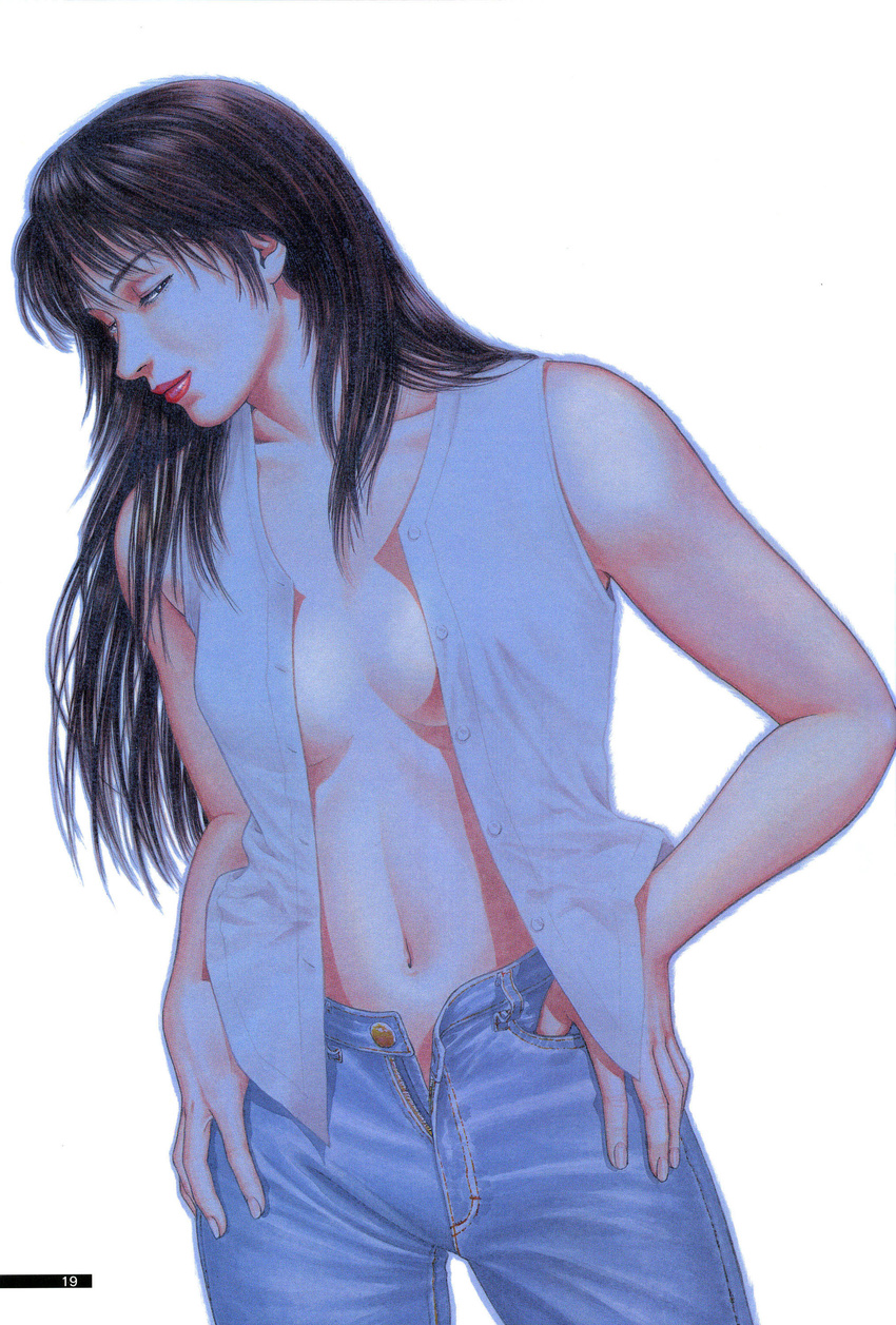 absurdres breasts brown_eyes brown_hair denim family_compo hands_on_hips highres houjou_tsukasa long_hair looking_at_viewer no_bra no_panties open_clothes open_fly open_shirt shirt simple_background smirk underboob unzipped vest wakanae_shion
