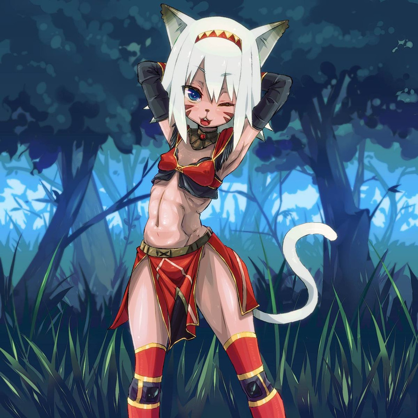 animal_ears blue_eyes cat_ears cat_tail catgirl face_paint facepaint final_fantasy final_fantasy_xi flat_chest headband highres himajin hips mithra nekomimi skirt tail thick_thighs thighs wide_hips wink