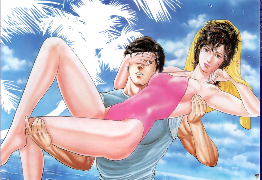 80's 80's 80s arms_up breasts brown_eyes brown_hair city_hunter cloud clouds hand_over_eye highres holding houjou_tsukasa large_breasts legs_crossed lifting looking_at_viewer makimura_kaori muscle ocean oldschool one-piece_swimsuit palm_tree pink_swimsuit rolled_up_sleeves saeba_ryou sea shirt short_hair sitting sky sleeves_rolled_up smile spiked_hair sweatdrop swimsuit towel tree wet wet_hair