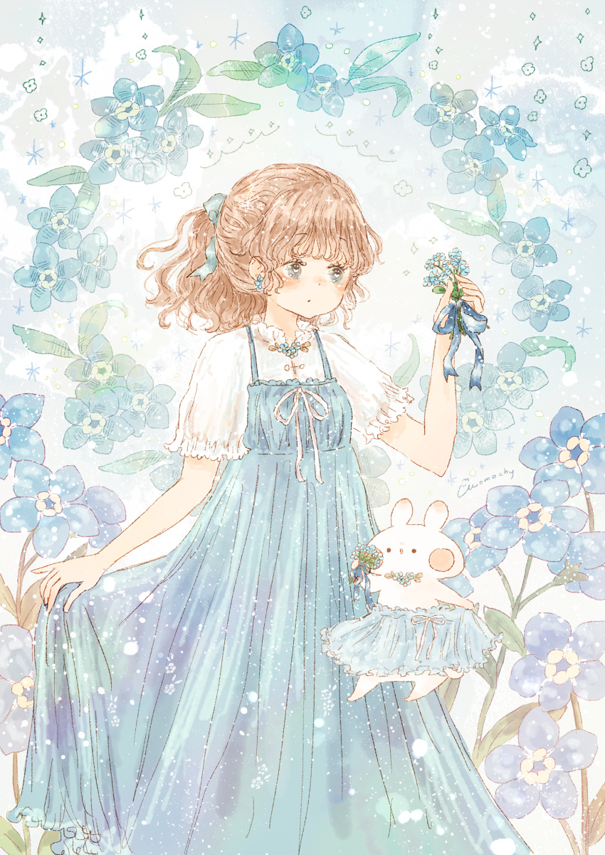 1girl artist_name bangs blue_dress blue_eyes blue_flower blue_overalls blue_ribbon blue_skirt blue_theme blush blush_stickers clothes_grab collared_dress dot_mouth dot_nose dress earrings expressionless flower flower_brooch flower_earrings forget-me-not_(flower) frilled_shirt frilled_skirt frilled_sleeves frills gradient gradient_background gradient_eyes hair_ribbon heart heart-shaped_pupils highres holding holding_flower jewelry light_blue_background light_blue_ribbon light_brown_hair light_particles long_skirt looking_at_object medium_hair momochy multicolored_eyes nose_blush original overalls pastel_colors pinafore_dress ponytail rabbit ribbon shiny shiny_hair shirt short_ponytail short_sleeves signature skirt symbol-shaped_pupils thick_eyelashes white_background white_ribbon white_shirt