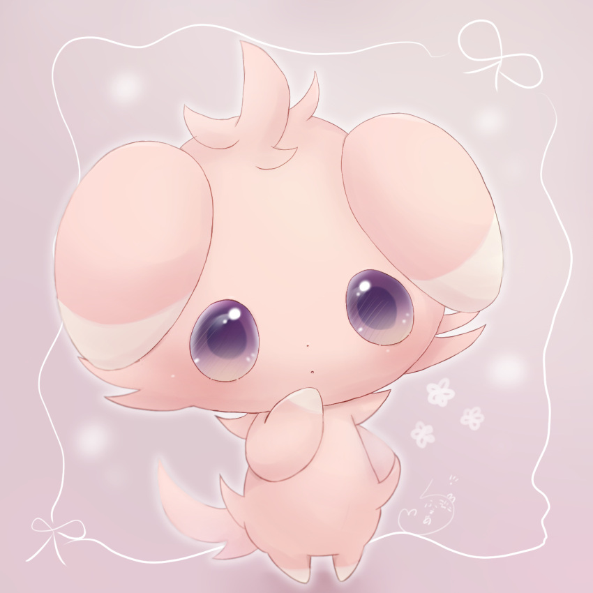 alternate_color animal_ears espurr fluffy hand_on_own_chin highres looking_up no_humans pink_background pink_fur pokemon pokemon_(creature) purple_eyes shiny_pokemon solo tail user_ysxk2458