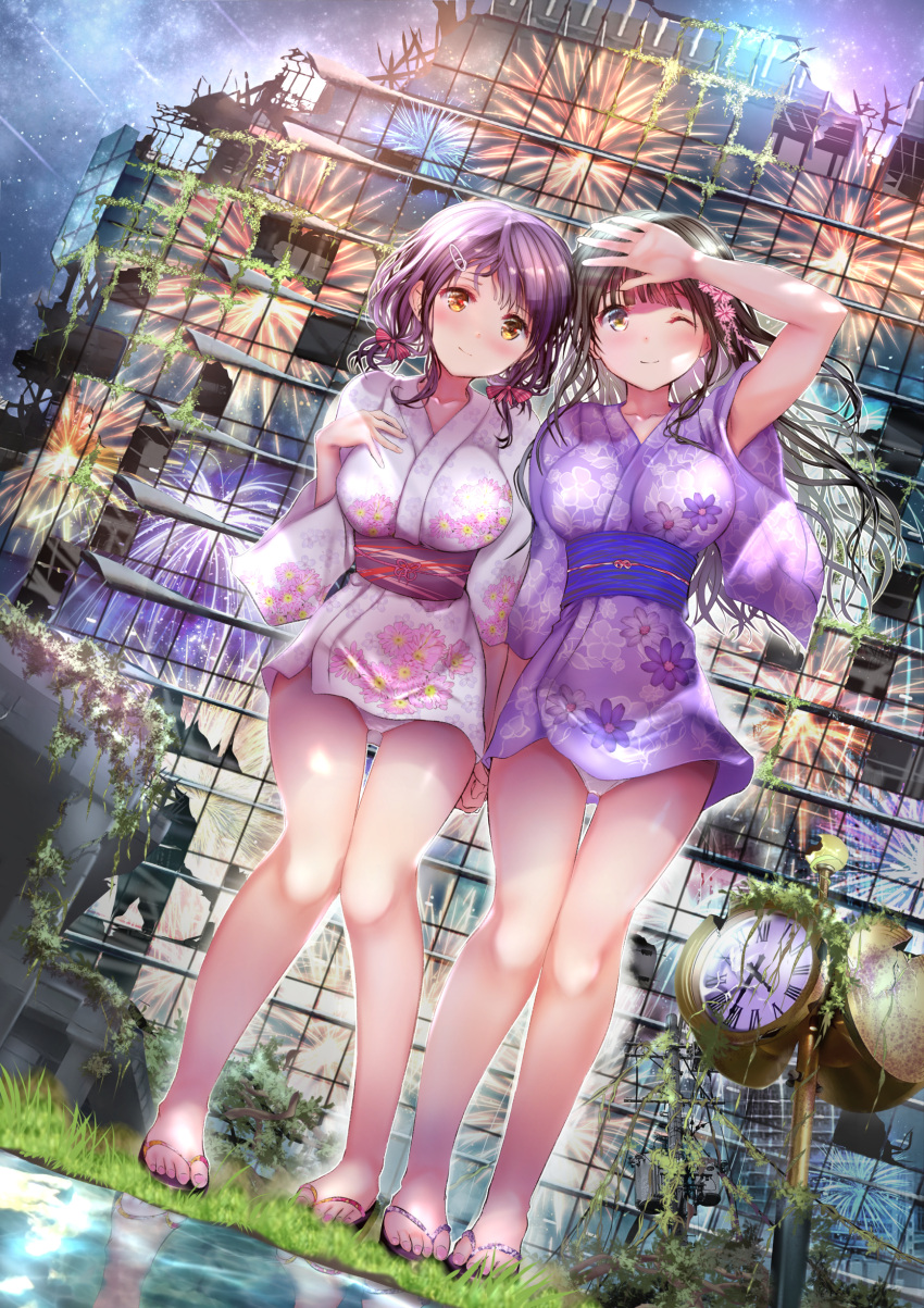 2girls absurdres bangs bare_legs black_hair blue_sky blush bow breasts clock closed_mouth collarbone commentary_request dutch_angle feet fireworks floral_print flower full_body grass hair_bow hair_flower hair_ornament hair_over_shoulder hairclip hand_on_own_chest hand_on_own_forehead highres holding_hands japanese_clothes kimono large_breasts legs long_hair looking_at_another looking_at_viewer medium_hair multiple_girls nail_polish obi ogata_tei one_eye_closed orange_eyes original panties pantyshot pink_flower pink_kimono print_kimono purple_hair purple_kimono purple_sky red_bow reflection reflective_water ruins sandals sash short_kimono short_yukata sidelocks sky smile standing toenail_polish toenails toes underwear white_panties window yellow_eyes yukata yuri