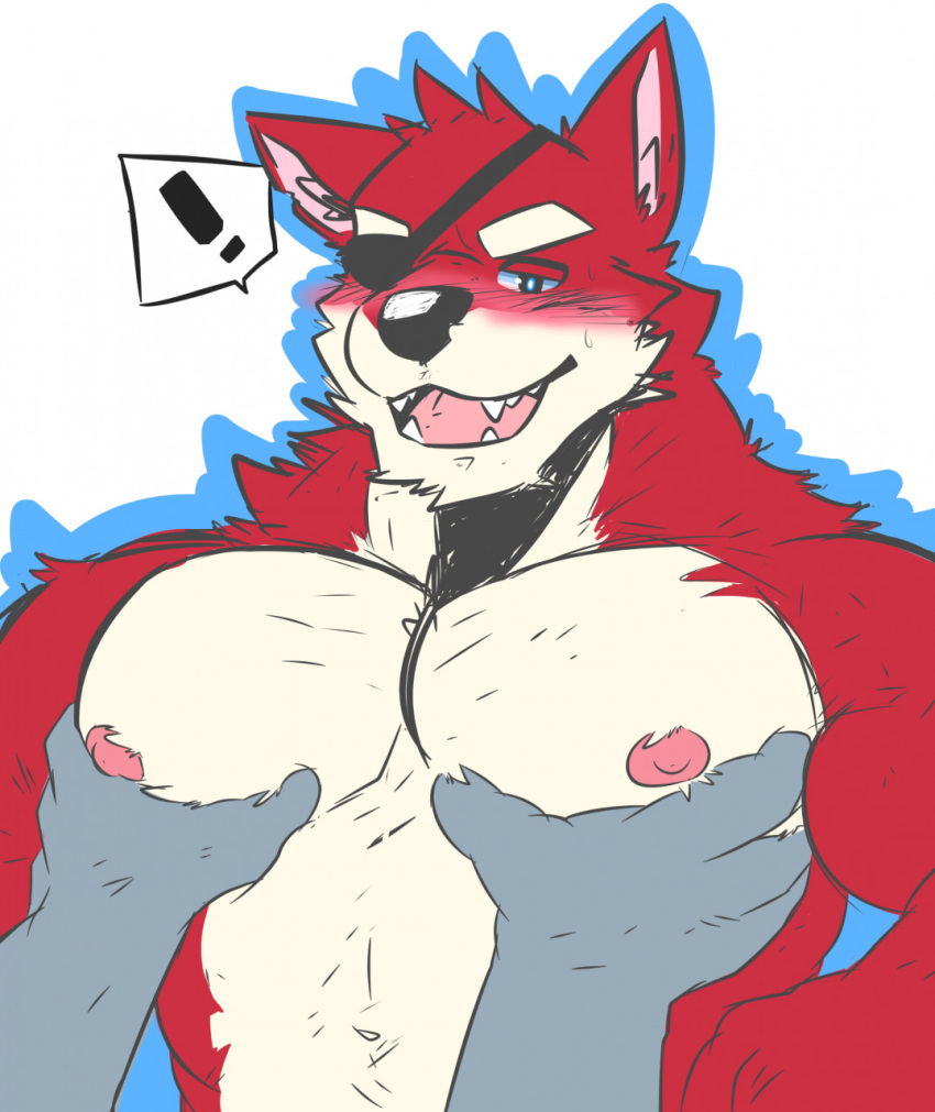 2022 ambiguous_gender ambiguous_species anon anthro areola biceps blush bodily_fluids canid canine digital_media_(artwork) duo exclamation_point eye_patch eyebrows eyewear five_nights_at_freddy's fox foxy_(fnaf) frankescobarx fur hi_res male male/ambiguous mammal muscular muscular_anthro muscular_male navel nipples open_mouth open_smile pec_grab pec_grasp pecs pictographics red_body red_fur scottgames smile sweat tan_body tan_fur teeth tongue video_games