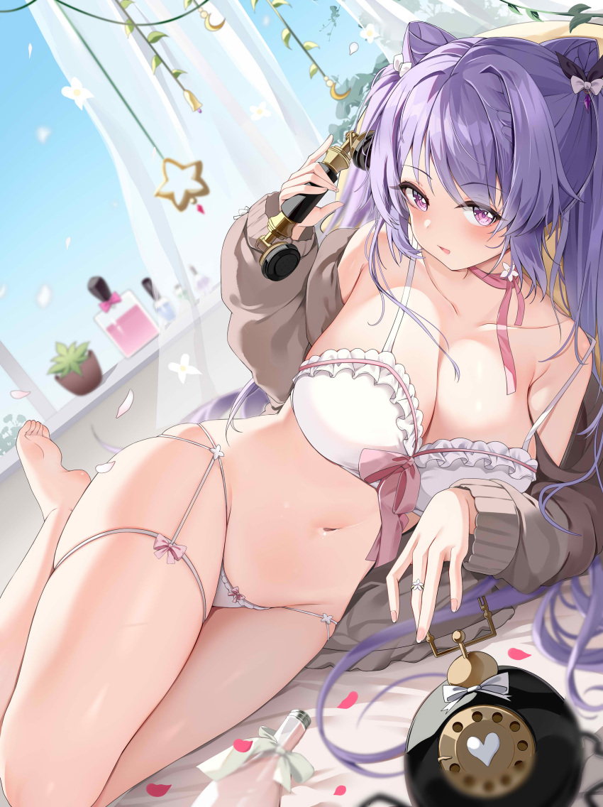 1girl absurdres arlene_(ju) bangs bare_legs bare_shoulders barefoot black_bow bow bra braid breasts brown_cardigan cardigan cleavage cone_hair_bun double_bun feet frilled_bra frills genshin_impact hair_bow hair_bun highres holding holding_phone jewelry keqing_(genshin_impact) large_breasts long_hair long_sleeves navel off_shoulder open_cardigan open_clothes panties parted_lips petals phone purple_hair ring sidelocks skindentation solo star_(symbol) stomach string_panties thigh_strap thighs toes underwear white_bow white_bra white_panties