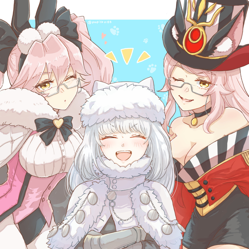 3girls animal_ears breasts capelet choker cleavage crossed_arms dobrynya_nikitich_(fate) fang fate/grand_order fate_(series) fox_ears fur_trim glasses hat highres koyanskaya_(assassin)_(second_ascension)_(fate) koyanskaya_(foreigner)_(second_ascension)_(fate) large_breasts long_hair multiple_girls one_eye_closed papico0154 paw_print paw_print_background pink_hair rabbit_ears top_hat twintails twitter_username white_hair yellow_eyes