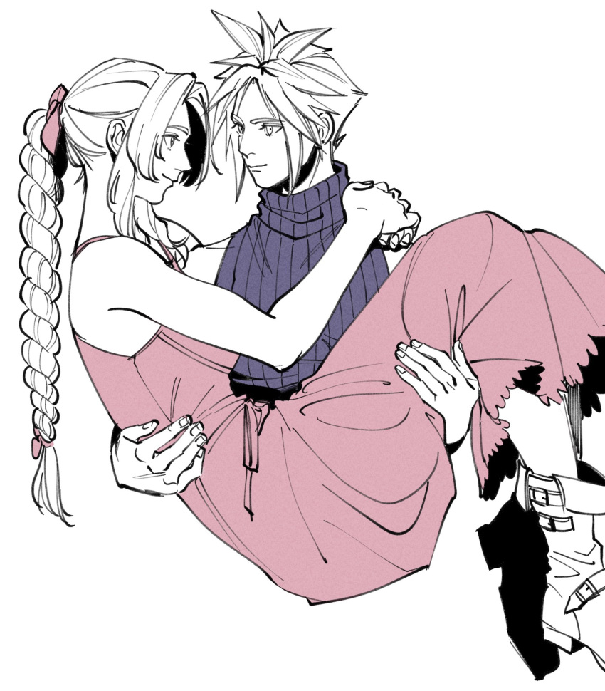 1boy 1girl aerith_gainsborough arm_around_back arms_around_neck bangs bare_shoulders blue_shirt boots braid braided_ponytail breasts carrying cloud_strife dress final_fantasy final_fantasy_vii final_fantasy_vii_remake foot_out_of_frame hair_ribbon hand_on_another's_back hand_on_another's_thigh highres long_dress long_hair looking_at_another medium_breasts oimo_(oimkimn) parted_bangs pink_dress pink_ribbon princess_carry ribbon shirt short_hair sidelocks sleeveless sleeveless_dress sleeveless_turtleneck smile spiked_hair spot_color turtleneck upper_body wavy_hair white_background