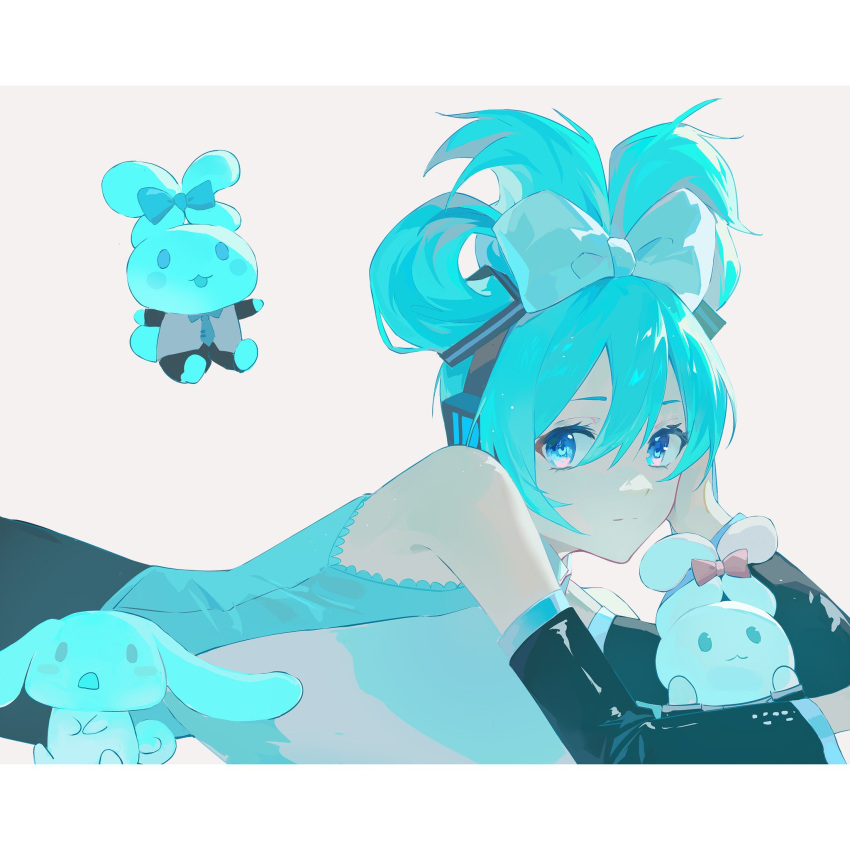1girl aqua_hair bare_shoulders black_sleeves blue_eyes bow bow-shaped_hair cinnamiku cinnamoroll detached_sleeves grey_background hair_between_eyes hair_bow hair_ornament hand_on_own_cheek hand_on_own_face hatsune_miku highres letterboxed long_sleeves looking_at_viewer lying on_stomach sanrio shirt sleeveless sleeveless_shirt upper_body vocaloid white_footwear zzz_zhi_he