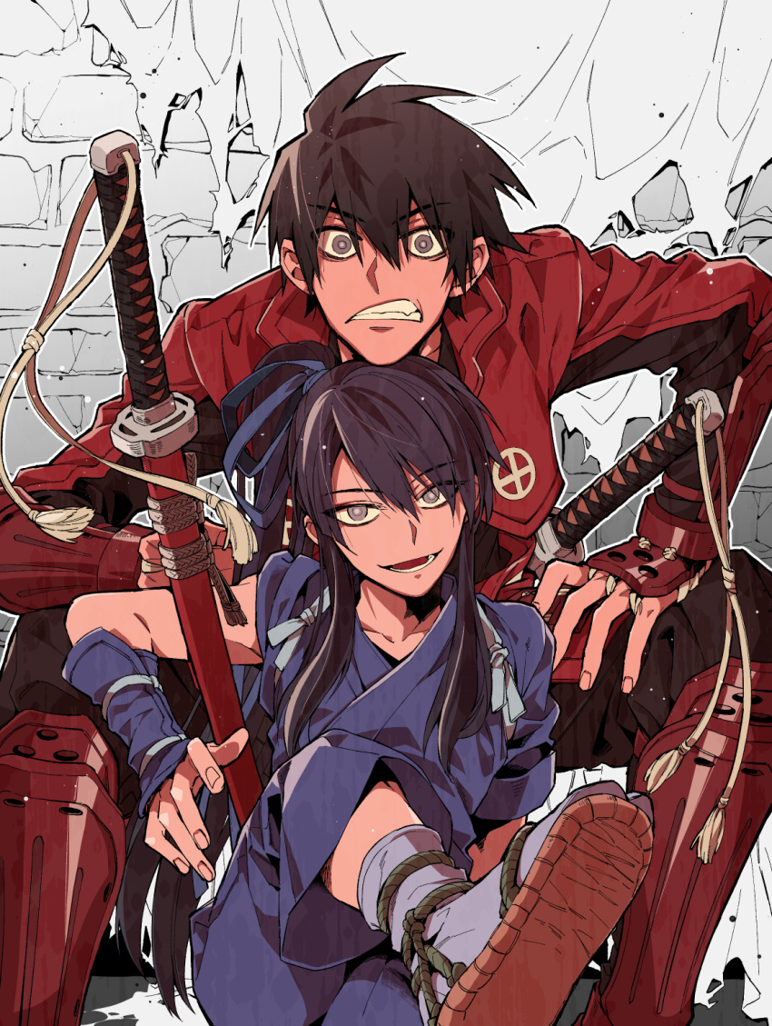 2boys armor black_hair clenched_teeth commentary_request drifters grey_eyes highres hoyano_(maimai) japanese_armor long_hair looking_at_viewer male_focus multiple_boys nasu_no_yoichi shimazu_toyohisa short_hair sitting smile sword teeth waraji weapon