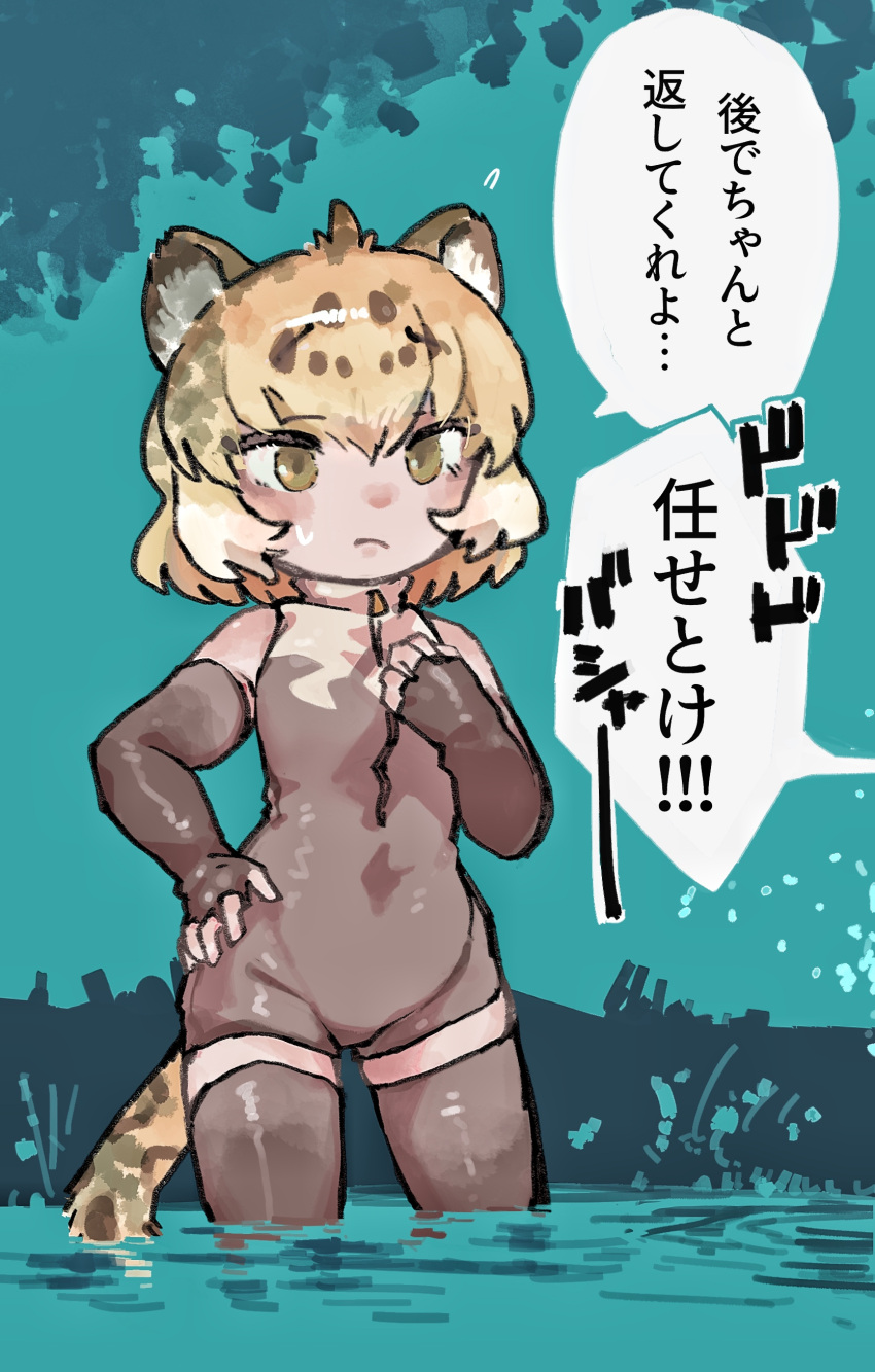 1girl absurdres animal_ears bare_shoulders blonde_hair blush brown_hair commentary_request cosplay elbow_gloves fingerless_gloves giant_otter_(kemono_friends) giant_otter_(kemono_friends)_(cosplay) gloves grey_gloves grey_one-piece_swimsuit grey_thighhighs highres jaguar_(kemono_friends) jaguar_ears jaguar_girl jaguar_tail kemono_friends multicolored_hair one-piece_swimsuit short_hair sleeveless solo swimsuit tail thighhighs toki_reatle translation_request turtleneck two-tone_swimsuit wading white_one-piece_swimsuit yellow_eyes zettai_ryouiki zipper