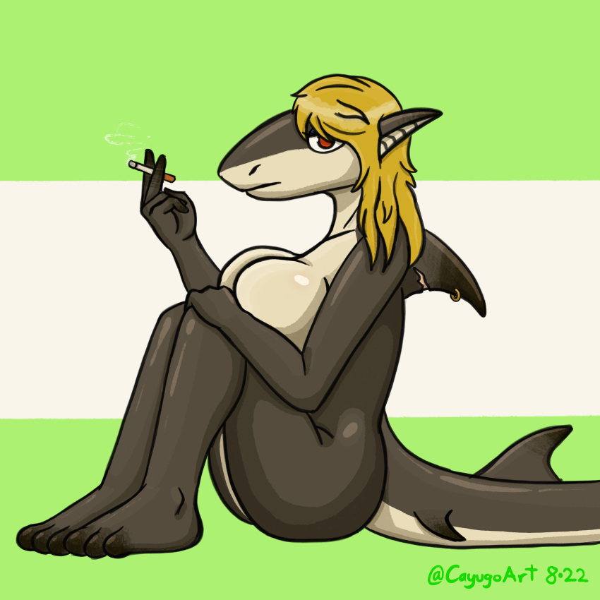 1:1 2022 5_fingers absurd_res anthro big_breasts blonde_hair breast_squish breasts butt cayugo cigarette digital_media_(artwork) dorsal_fin eyelashes eyeshadow facesitting feet female fin fingers fish hair hi_res holding_object kara_(cayugo) long_hair makeup marine multicolored_body non-mammal_breasts nude piercing purple_eyeshadow red_eyes scar shaded shark signature simple_background smoke smoking solo squish tail_fin tan_body tan_skin toes two_tone_body