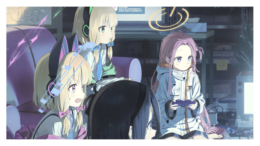 4girls aris_(blue_archive) bangs barefoot black_hair black_hairband blonde_hair blue_archive blue_eyes blush border bow cat_ear_headphones coat commentary_request controller couch game_controller hair_bow hairband halo headphones highres holding holding_controller indoors keyboard_(computer) long_hair long_sleeves messy_hair midori_(blue_archive) momoi_(blue_archive) monitor multiple_girls necktie off_shoulder parted_lips pink_eyes plant playing_games red_hair shirt sitting smile sweat very_long_hair wasabi60 white_border white_coat white_shirt whiteboard yuzu_(blue_archive)
