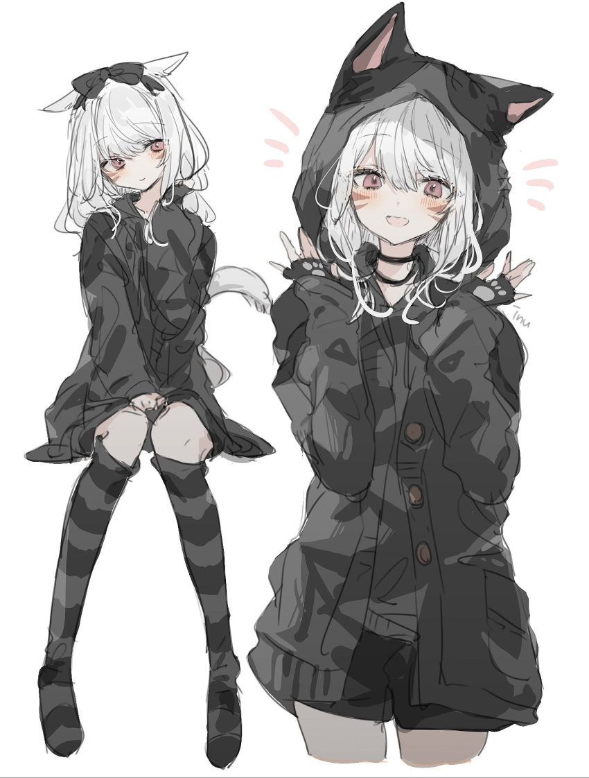 1girl animal_ears animal_hood avatar_(ff14) bangs black_bow black_gloves black_jacket black_shorts blush bow cardigan cat_ears cat_hood choker closed_mouth facial_mark final_fantasy final_fantasy_xiv fingerless_gloves full_body gloves hair_bow highres hood hood_up hooded_cardigan hooded_jacket hoodie inu_nu jacket long_hair long_sleeves looking_at_viewer miqo'te multiple_views open_mouth pink_eyes short_shorts shorts simple_background sitting sleeves_past_wrists solo standing striped striped_thighhighs tail thighhighs whisker_markings white_background white_hair