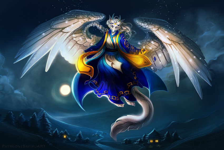 2022 ambiguous_gender anthro clothed clothing detailed_background digital_media_(artwork) dragon feathered_dragon feathered_wings feathers feet fingers fur furred_dragon hi_res night outside safiru solo toes white_body white_feathers white_fur wings