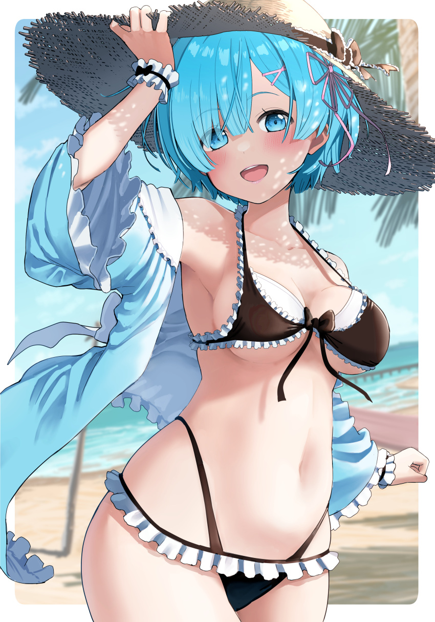 1girl :d absurdres beach bikini black_bikini blue_eyes blue_hair blue_sky breasts brown_headwear cowboy_shot frilled_bikini frills hand_on_headwear hat highres horizon large_breasts looking_at_viewer mameroku navel ocean open_mouth outdoors palm_tree re:zero_kara_hajimeru_isekai_seikatsu rem_(re:zero) sky smile solo standing straw_hat swimsuit tree wrist_cuffs