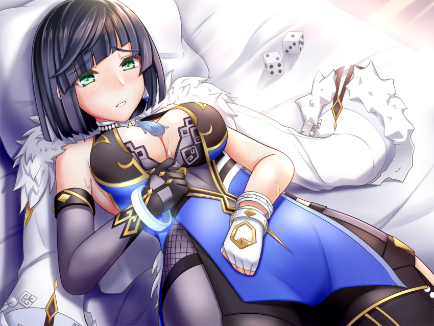 1girl asymmetrical_gloves bangs bed_sheet black_hair blue_eyes blunt_bangs bracelet breasts chinese_clothes cleavage clothes_pull coat coat_on_shoulders commentary_request dice fur-trimmed_coat fur_trim genshin_impact gloves highres jewelry long_sleeves looking_at_viewer lying mismatched_gloves nyabe on_back parted_bangs parted_lips pillow short_hair sidelocks sleeveless smile solo sweat yelan_(genshin_impact)