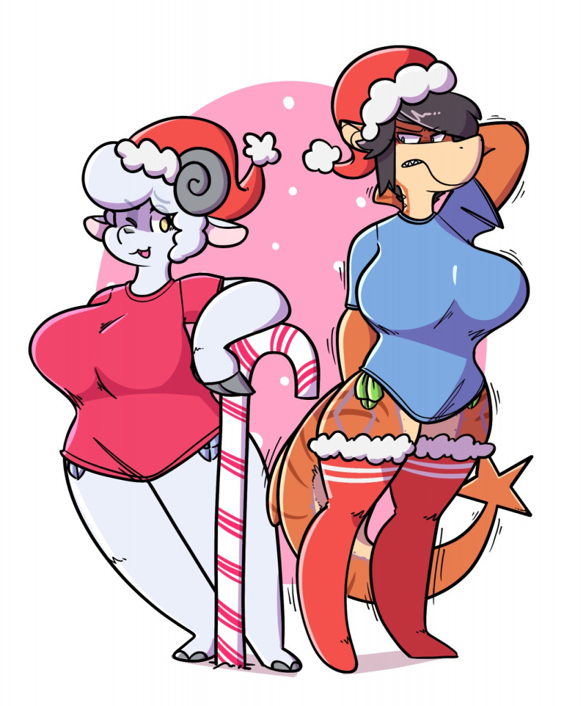 2018 anthro big_breasts black_hair blue_body blue_clothing blue_eyes blue_fur bovid breasts brown_tail candy candy_cane caprine clothed clothing curled_horn curvy_figure dessert dogfluid duo female fish food fully_clothed fur hair hi_res hooves horn huge_breasts leggings legwear looking_at_another mammal marine markings motion_lines one_eye_closed open_mouth orange_body orange_tail pink_clothing red_clothing shark sheep smile stockings tail_markings teeth thick_thighs tongue white_body white_clothing white_fur white_hair white_tail wide_hips wool_(fur) yellow_eyes