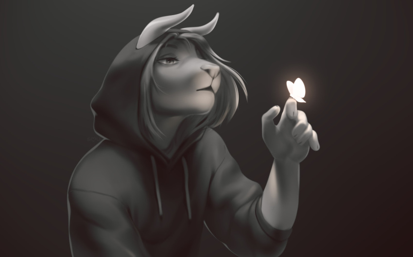 2021 5_fingers anthro bovid bovine clothed clothing digital_media_(artwork) duo eyebrows eyelashes female fingers fully_clothed greyscale hair half-length_portrait hi_res hoodie mammal monochrome portrait simple_background smileeeeeee solo_focus topwear