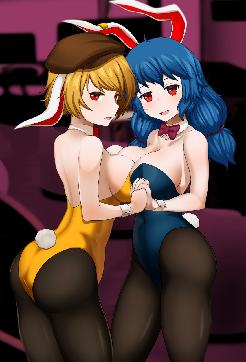 2girls absurdres alternate_costume blonde_hair blue_hair blue_leotard bow bowtie breast_press breasts brown_headwear cabbie_hat cleavage detached_collar earclip floppy_ears hat highres holding_hands indoors large_breasts leotard long_hair looking_at_viewer low_twintails multiple_girls open_mouth pantyhose playboy_bunny rabbit_girl rabbit_tail red_bow red_bowtie red_eyes ringo_(touhou) seiran_(touhou) short_hair smile symmetrical_docking tail touhou twintails yellow_leotard zawapirori