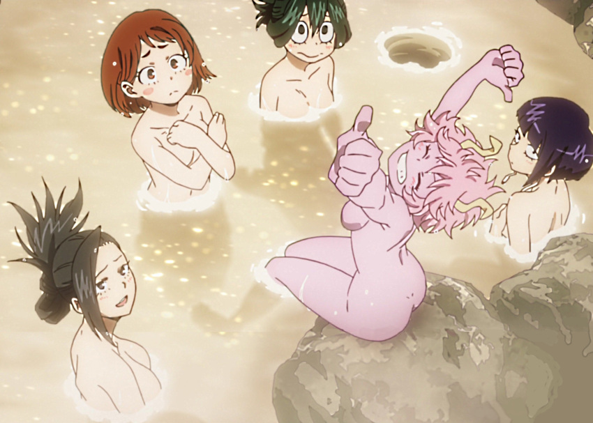 anime_screencap ashido_mina ass asui_tsuyu bathing boku_no_hero_academia breasts hagakure_tooru highres invisible jirou_kyouka looking_at_viewer non-web_source nude onsen smile stitched uraraka_ochako wet yaoyorozu_momo