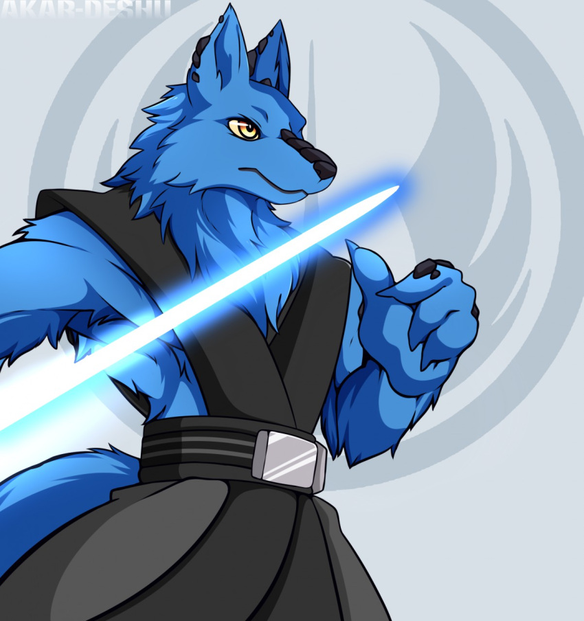 4_fingers akar_deshu belt blue_body blue_fur canid canine fingers fur hi_res jedi jedi_tunic lightsaber mahran male mammal melee_weapon sagemerric solo star_wars weapon yellow_eyes