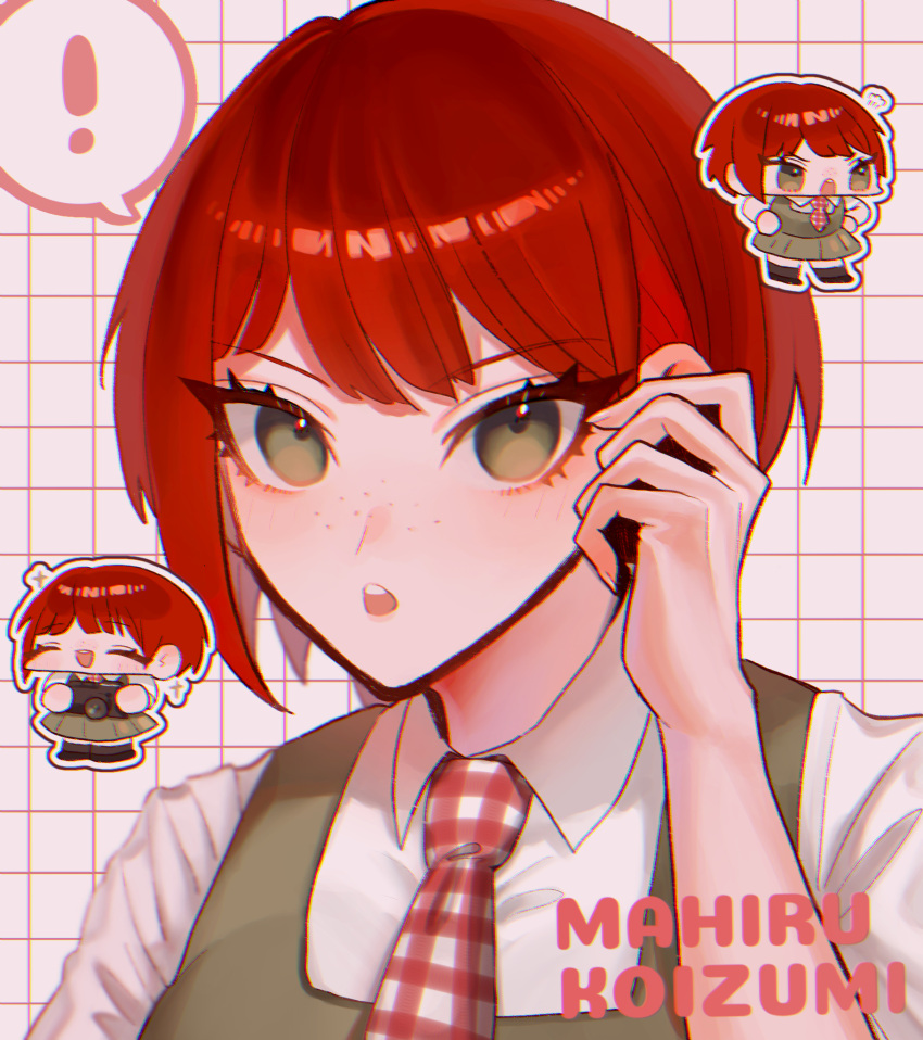 ! 1girl :o adjusting_hair bangs character_name collared_shirt danganronpa_(series) danganronpa_2:_goodbye_despair dress freckles green_dress hand_up highres junajuna_go koizumi_mahiru multiple_views necktie plaid_necktie portrait red_hair shiny shiny_hair shirt speech_bubble spoken_exclamation_mark sticker teeth upper_teeth white_background white_shirt