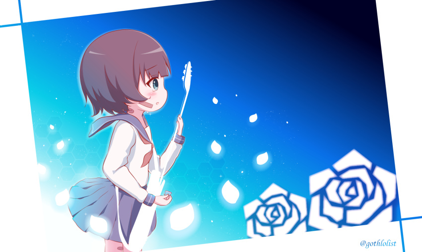 1girl :o bangs blue_eyes blue_sailor_collar blue_skirt blush brown_hair character_request commentary_request electric_guitar flower goth_risuto guitar highres holding holding_instrument instrument long_sleeves neckerchief parted_lips petals pleated_skirt plectrum profile red_neckerchief rose sailor_collar school_uniform serafuku shirt sideways_mouth skirt solo sound_voltex tears white_shirt