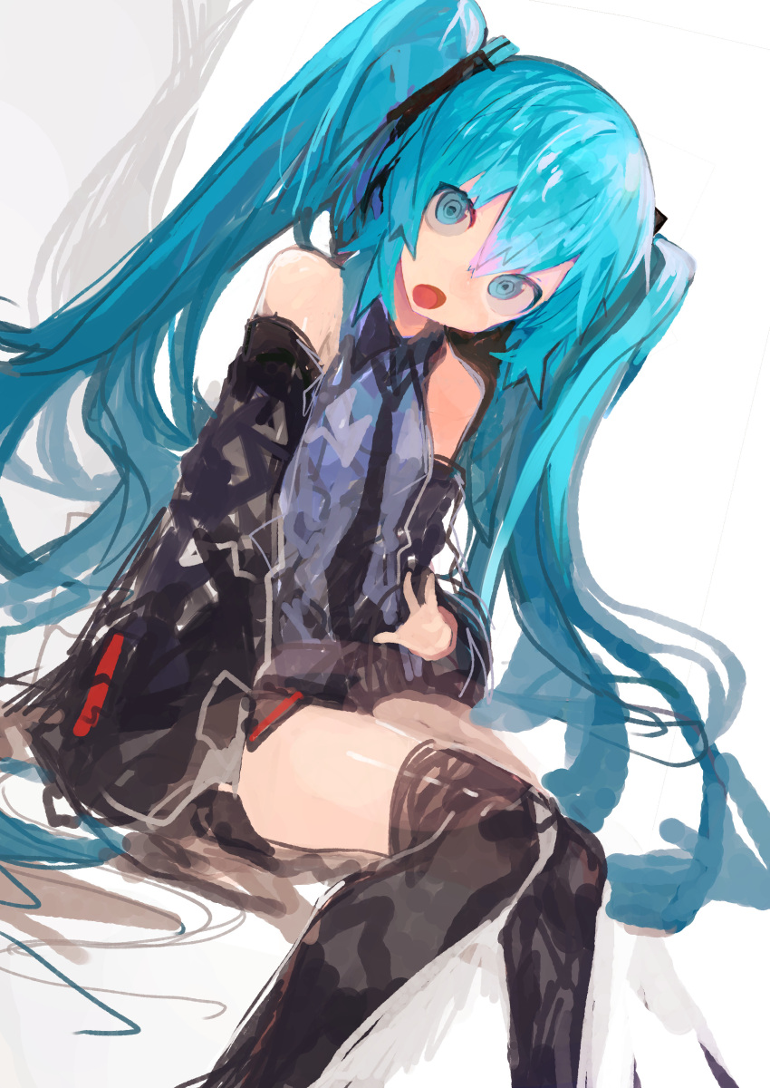 1girl absurdres aqua_eyes aqua_hair bad_hands bare_shoulders black_necktie black_skirt black_sleeves black_thighhighs collared_shirt commentary detached_sleeves feet_out_of_frame gradient gradient_background grey_shirt hair_between_eyes hatsune_miku head_tilt highres kaamin_(mariarose753) knees_together_feet_apart long_hair looking_at_viewer necktie open_mouth shirt simple_background sitting skirt sleeveless sleeveless_shirt solo thighhighs twintails very_long_hair vocaloid white_background