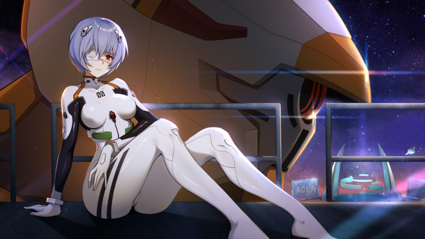 1girl arm_support ayanami_rei bodysuit breasts breasts_apart closed_mouth eva_00 eyepatch grey_hair headgear highres lxy122 medium_breasts neon_genesis_evangelion outdoors plugsuit red_eyes shiny shiny_hair short_hair sitting skin_tight sky solo star_(sky) starry_sky white_bodysuit