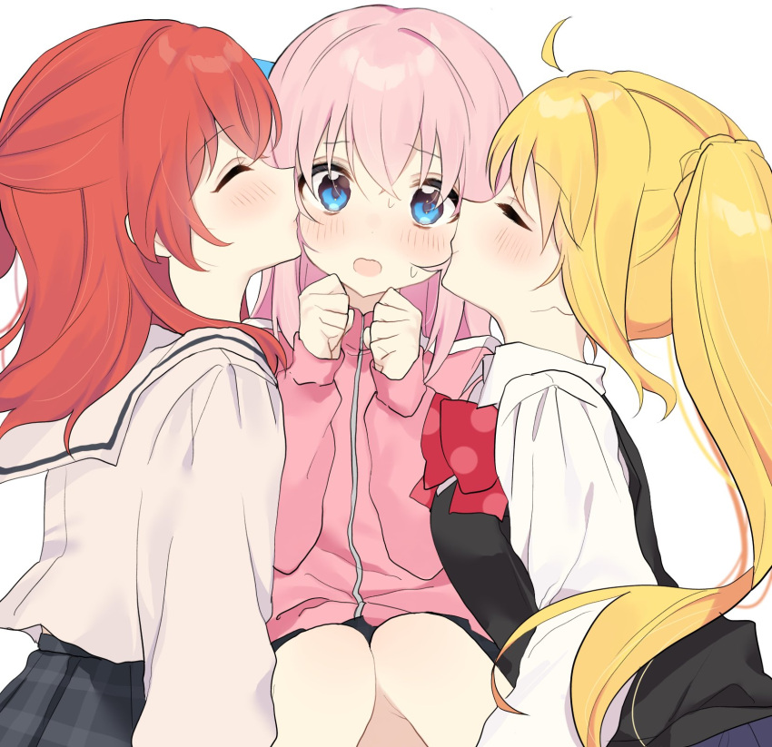 3girls ahoge bangs black_skirt blonde_hair blue_eyes blue_skirt blush bocchi_the_rock! bow bowtie clenched_hand closed_eyes collared_shirt double_cheek_kiss from_side gotou_hitori hair_between_eyes hair_ornament hands_up highres ijichi_nijika jacket jersey kiss kissing_cheek kita_ikuyo knees_up long_hair long_sleeves multiple_girls one_side_up open_mouth pink_hair pink_jacket polka_dot polka_dot_bow red_bow red_bowtie red_hair sailor_collar school_uniform shirt shy side_ponytail skirt surprised sweat sweater_vest track_jacket unizuma_eleven wavy_mouth white_sailor_collar white_shirt yuri