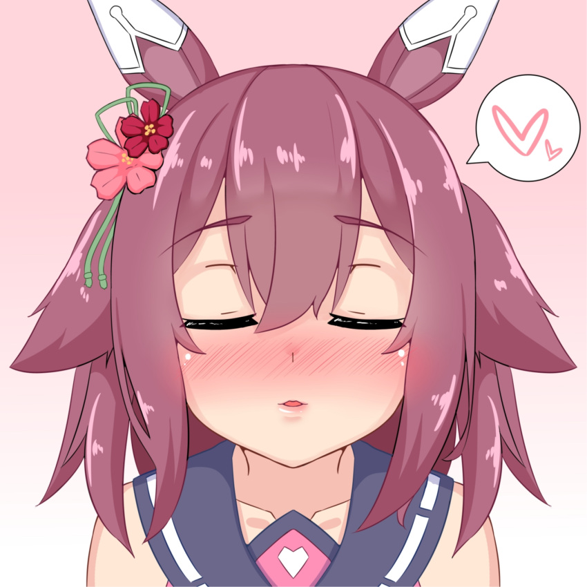 1girl animal_ears blush closed_eyes collarbone commentary_request flower hair_between_eyes hair_flaps hair_flower hair_ornament heart highres horse_ears horse_girl incoming_kiss portrait pov sakura_chiyono_o_(umamusume) sakuramai_(sakuramai_0525) simple_background solo_focus umamusume