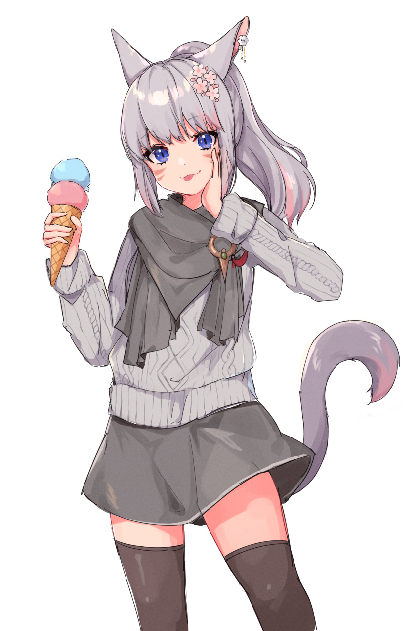 1girl :3 :p absurdres animal_ears avatar_(ff14) black_thighhighs blue_eyes cat_ears cat_girl cat_tail facial_mark final_fantasy final_fantasy_xiv flower food grey_hair grey_scarf grey_skirt grey_sweater hair_flower hair_ornament hand_on_own_cheek hand_on_own_face highres ice_cream ice_cream_cone long_sleeves looking_at_viewer medium_hair miniskirt miqo'te multicolored_hair pink_hair ponytail scarf simple_background skirt streaked_hair sweater tail tenko_(tenkokon) thighhighs tongue tongue_out two-tone_hair whisker_markings white_background zettai_ryouiki