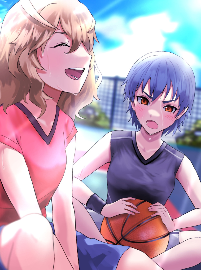 1girl :d absurdres ball bangs basketball basketball_court black_shirt black_wristband blue_hair blue_shorts blush bob_cut breasts brown_hair closed_eyes cloud commentary dutch_angle fence foliage hair_between_eyes hanamonogatari highres holding holding_ball indian_style kanbaru_suruga laughing long_hair looking_at_another medium_breasts monogatari_(series) nari_(nari149528) numachi_rouka on_ground open_mouth orange_eyes red_shirt shirt short_hair shorts sitting sitting_sideways sky sleeveless smile sweat sweating_profusely t-shirt thick_eyebrows tomboy v-shaped_eyebrows very_long_hair wavy_hair white_shorts wristband