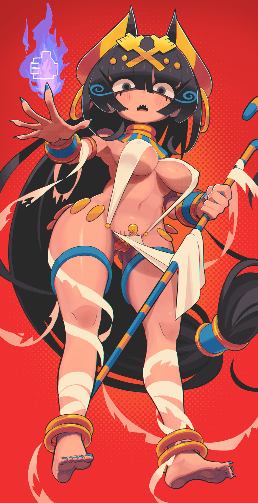 1girl absurdres animal_ears anklet armlet ass_visible_through_thighs bangs barefoot black_hair blush bracelet breasts earrings egyptian egyptian_mythology fangs fire floating full_body gashi-gashi hair_between_eyes hair_ornament highres holding holding_staff jewelry long_hair looking_at_viewer medium_breasts nail_polish navel no_panties open_mouth original red_background revealing_clothes simple_background solo staff thigh_strap thighs underboob very_long_hair