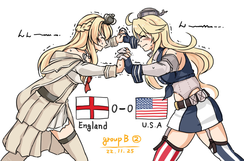 2022_fifa_world_cup american_flag american_flag_print asymmetrical_legwear blonde_hair braid breasts closed_eyes commentary corset crown dress english_flag fingerless_gloves flag_print flower french_braid front-tie_top garter_straps gloves headgear interlocked_fingers iowa_(kancolle) kantai_collection large_breasts long_hair long_sleeves mini_crown miniskirt mismatched_legwear off-shoulder_dress off_shoulder red_flower red_ribbon red_rose ribbon rose skirt striped striped_thighhighs suda_(yuunagi_enikki) thighhighs vertical-striped_thighhighs vertical_stripes warspite_(kancolle) white_background white_dress world_cup