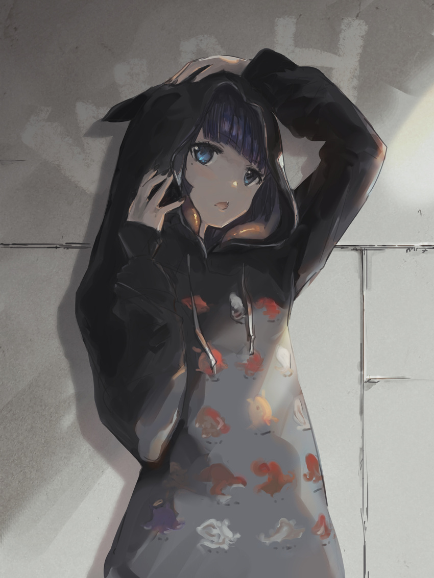 1girl bangs black_hoodie black_nails blush hand_on_own_head highres hololive hololive_english hood hood_up hoodie long_sleeves mole mole_under_eye ninomae_ina'nis open_mouth print_hoodie purple_hair solo tallgeese_(lgeesel) upper_body virtual_youtuber