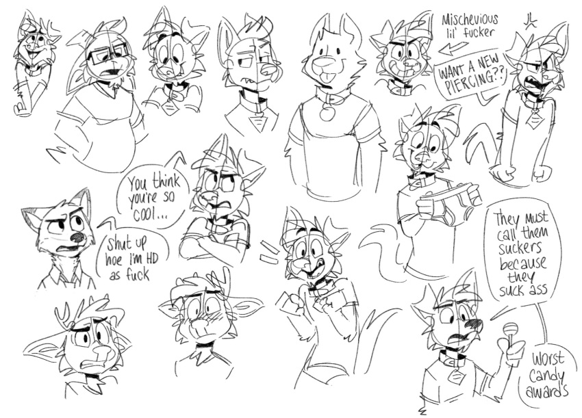 angry anthro antlers blush bovid briefs bulging_vein candy canid canine canis caprine cervid clothing collar darwin_(tinydeerguy) dessert dialogue disney domestic_dog english_text excited food fox gary_(tinydeerguy) goat hi_res holding_clothing holding_object holding_underwear horn lollipop male mammal matt_riskely monochrome nick_wilde open_mouth profanity sharp_teeth simple_background sketch smile solo teeth teeth_showing text tinydeerguy tongue_showing underwear white_background wide_grin zootopia
