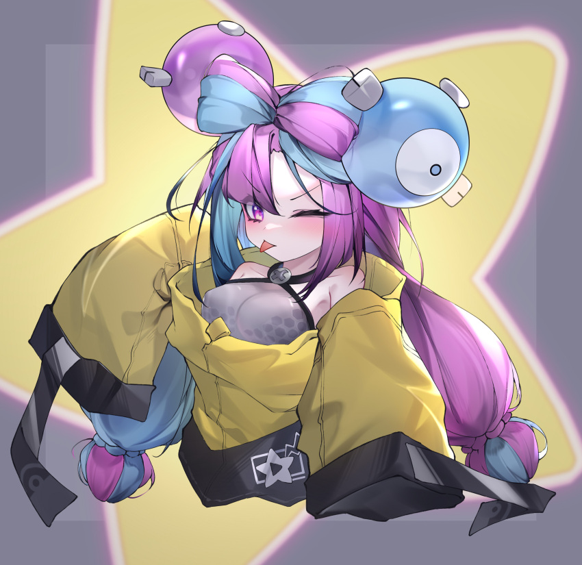 1girl ;p absurdres bow-shaped_hair character_hair_ornament commentary_request hair_ornament hexagon_print highres iono_(pokemon) jacket long_hair low-tied_long_hair multicolored_hair one_eye_closed oversized_clothes pokemon pokemon_(game) pokemon_sv qinshi-ji sharp_teeth sleeves_past_fingers sleeves_past_wrists solo split-color_hair star_(symbol) star_in_eye symbol_in_eye teeth tongue tongue_out very_long_sleeves x yellow_jacket