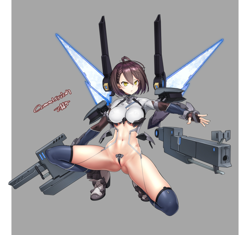 1girl ahoge alternate_costume ass_visible_through_thighs azur_lane baltimore_(azur_lane) bangs black_gloves blue_thighhighs bodysuit braid breasts brown_hair c-string closed_mouth commentary_request commission crop_top detached_wings elbow_gloves fingerless_gloves french_braid full_body gauntlets gloves grey_background groin gun hair_between_eyes highres holding holding_gun holding_weapon impossible_bodysuit impossible_clothes large_breasts looking_to_the_side mecha_musume mechanical_wings navel one_knee revealing_clothes shoes short_hair sidelocks signature simple_background skeb_commission skindentation solo strapless_bottom takada_kazuhiro thighhighs weapon white_bodysuit white_footwear wings yellow_eyes