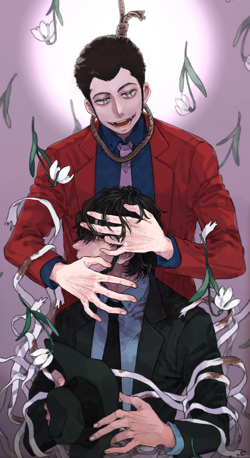 2boys arsene_lupin_iii bandages beard black_hair blood brown_hair commentary_request facial_hair flower formal hand_on_another's_face hat highres jigen_daisuke looking_at_viewer lupin_iii male_focus multiple_boys open_mouth rope sharp_teeth short_hair sideburns smile suit teeth urourooooo