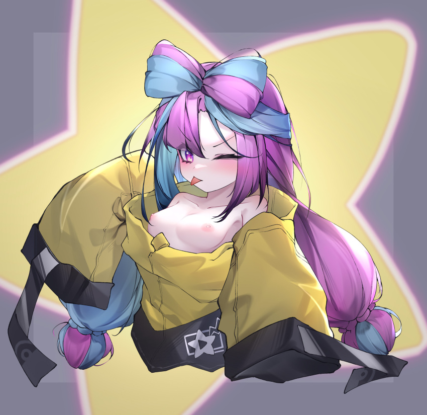 1girl ;p absurdres bow-shaped_hair breasts highres iono_(pokemon) jacket long_hair low-tied_long_hair multicolored_hair one_eye_closed oversized_clothes pokemon pokemon_(game) pokemon_sv qinshi-ji sharp_teeth sleeves_past_fingers sleeves_past_wrists small_breasts solo split-color_hair star_(symbol) star_in_eye symbol_in_eye teeth tongue tongue_out very_long_sleeves yellow_jacket