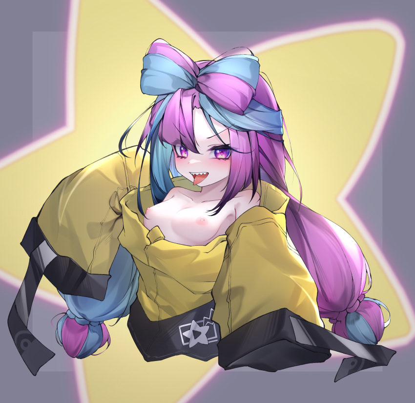 1girl absurdres bow-shaped_hair breasts commentary_request hexagon_print highres iono_(pokemon) jacket long_hair low-tied_long_hair multicolored_hair oversized_clothes pokemon pokemon_(game) pokemon_sv qinshi-ji sharp_teeth sleeves_past_fingers sleeves_past_wrists small_breasts solo split-color_hair star_(symbol) star_in_eye symbol_in_eye teeth very_long_sleeves yellow_jacket